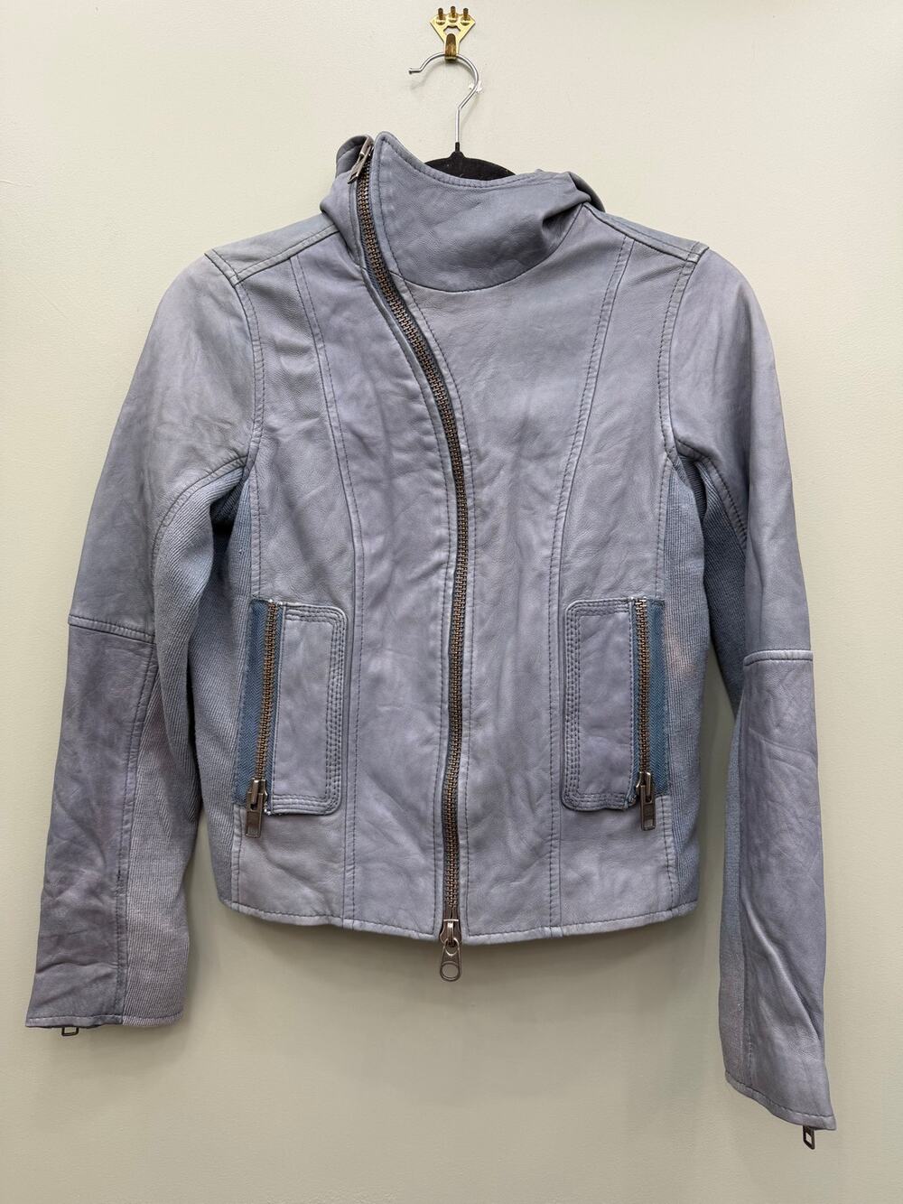 Atypykal Leather Moto Jacket M Blue Gray Hooded Asymmetrical Zip Y2K